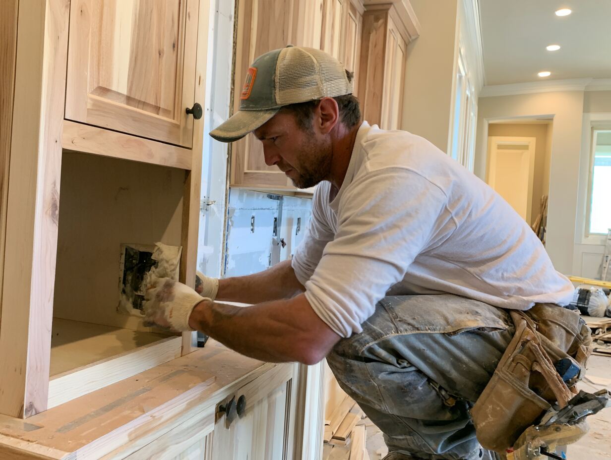 Carpenter installing custom kitchen cabinets