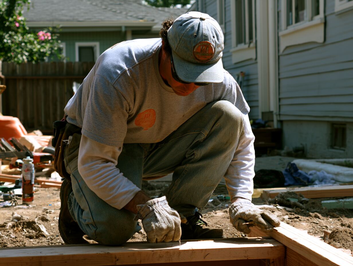 Carpenter nailing a deck frame on a residential jobsite