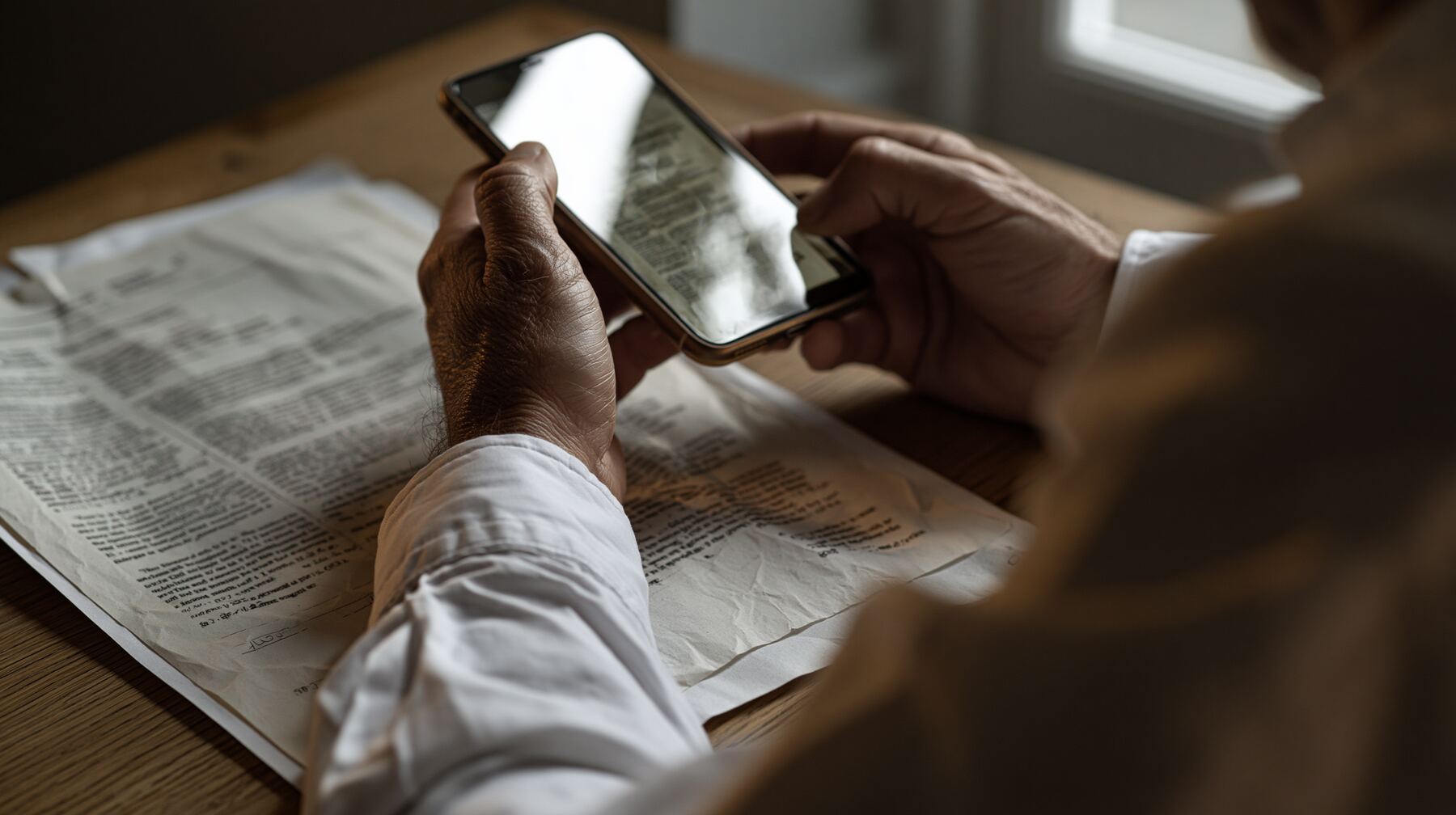 Homeowner reading reviews on a phone over paperwork at a kitchen table